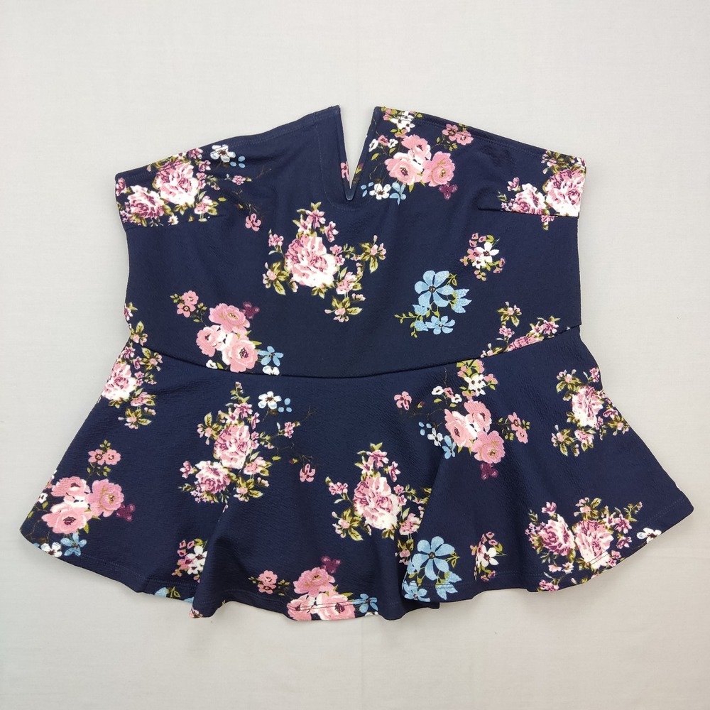 SHEIN Peplum Top Women 1XL Navy Blue Floral Strapless V-Neck Curve Summer Blouse